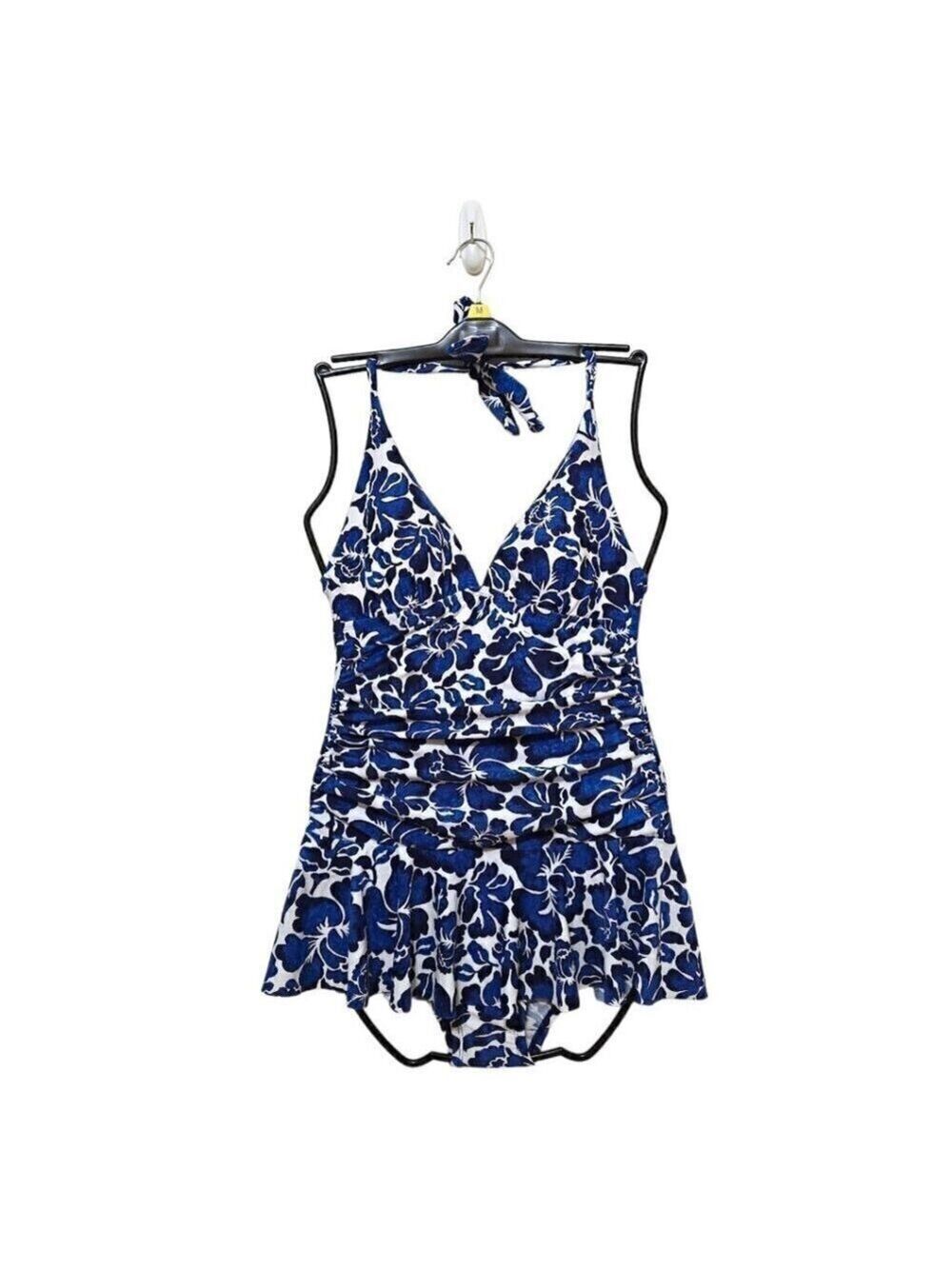 Chaps Blue Floral Skirted Halterneck Swimsuit Sz 6